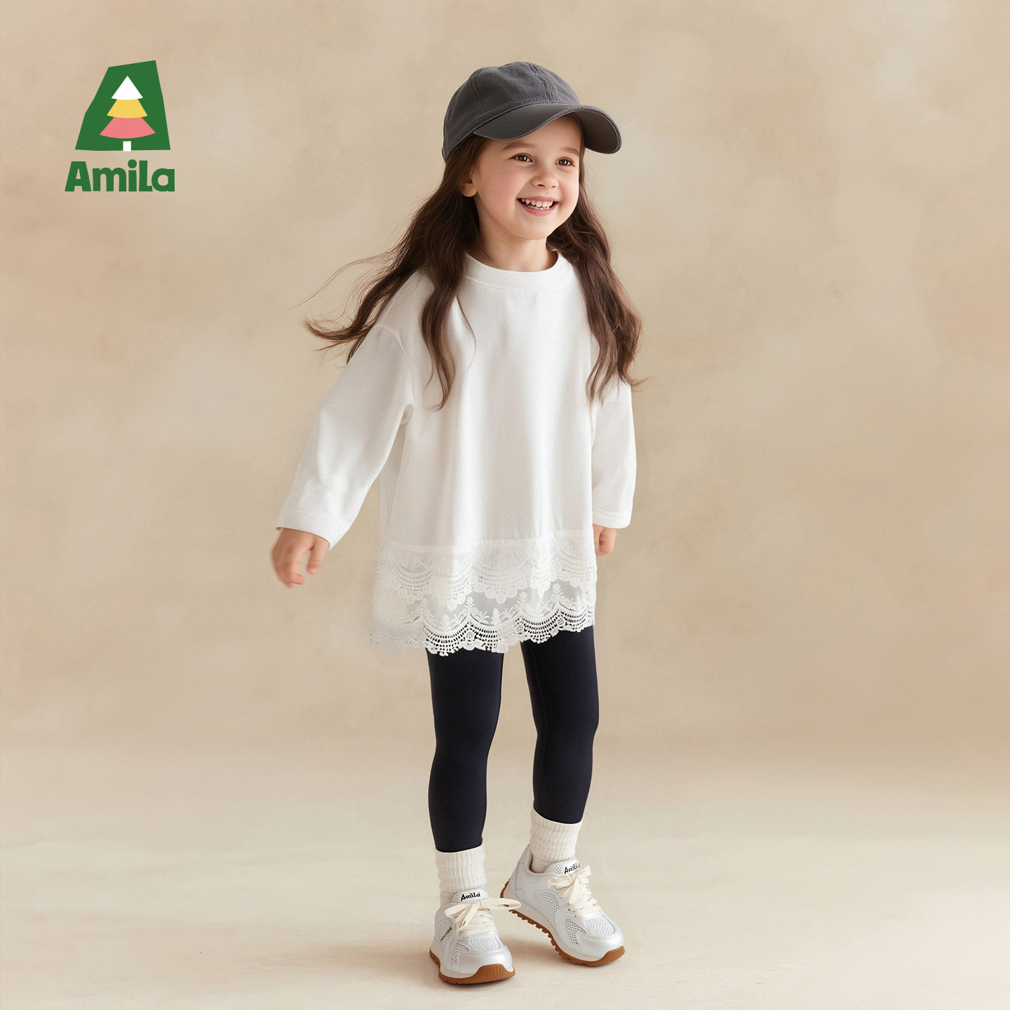 Amila女童装白色T恤长袖儿童宝宝甜美上衣小女孩纯棉打底衫春秋款