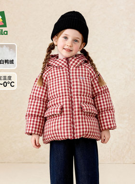 Amila女童短款格子羽绒服连帽冬装儿童宝宝加厚保暖面包服白鸭绒