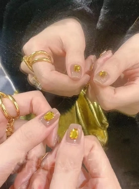 春柚金黄色爆闪倒边平底大八角美甲饰品黄色显白精品K9钻指甲配饰