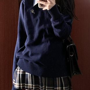 星星抱月球JK毛衣套头V领刺绣长袖针织衫秋冬校供感毛衣上衣女