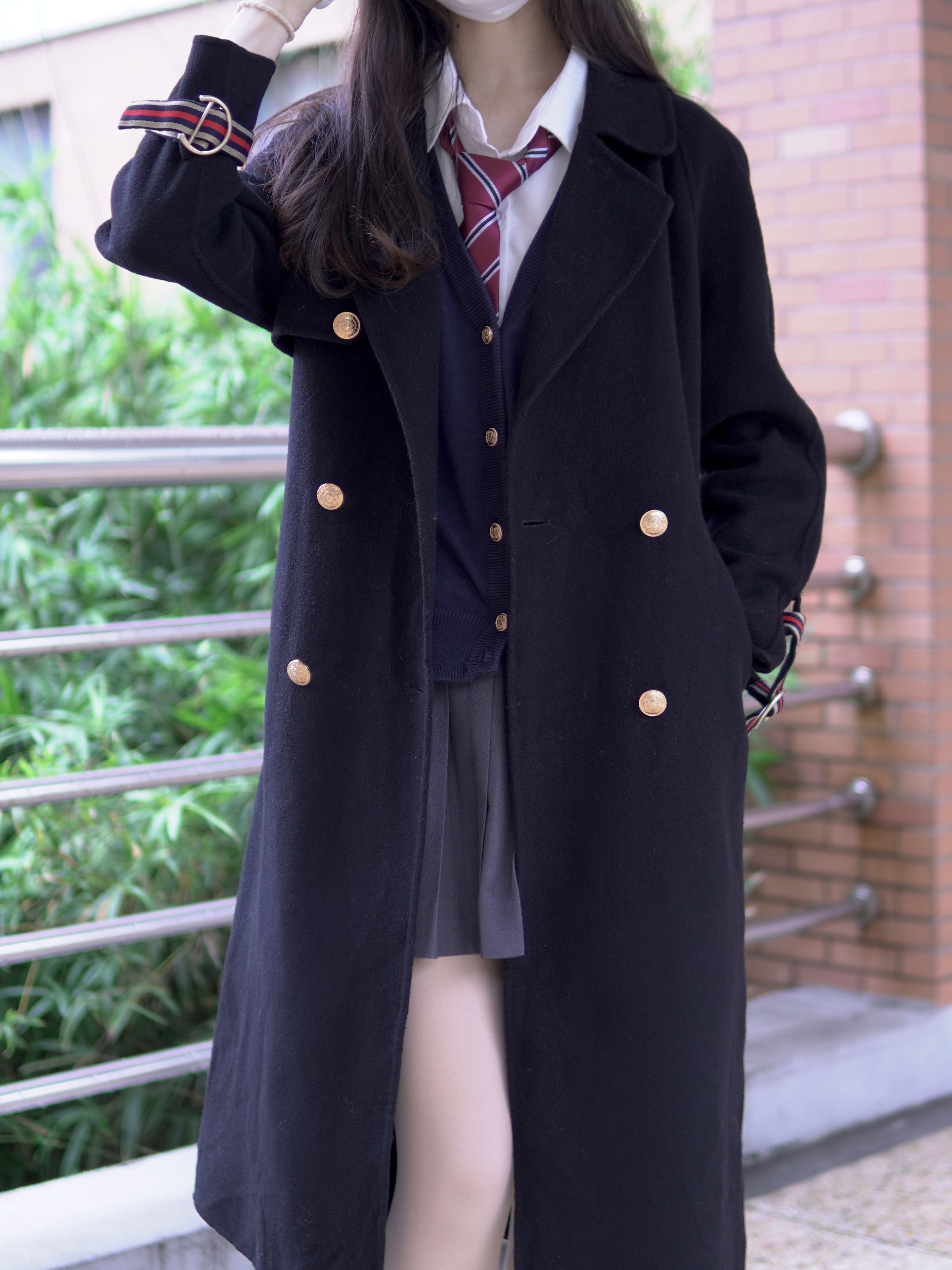 【星星抱月球】学院风jk制服双排扣毛呢大衣黑色外套中长款风衣