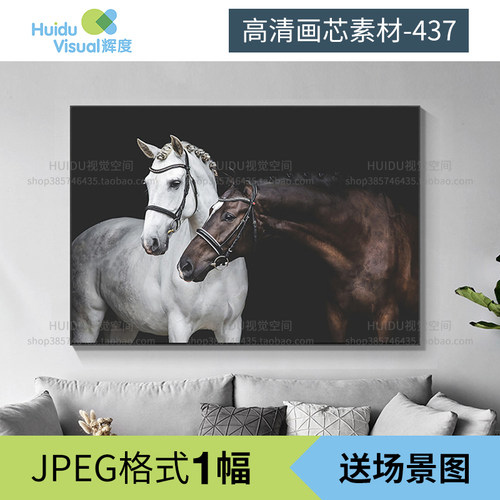 北欧轻奢简约白马黑马动物床头背景墙壁画玄关装饰画画芯图片素材