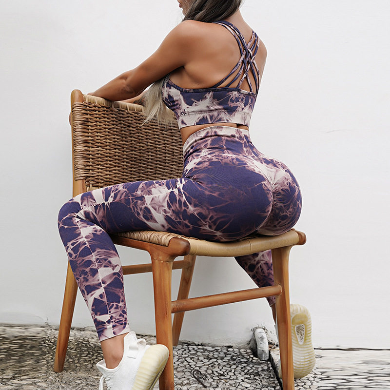 健身裤扎染瑜伽服磨毛运动长袖健身长裤瑜伽套装女修身塑形紧身