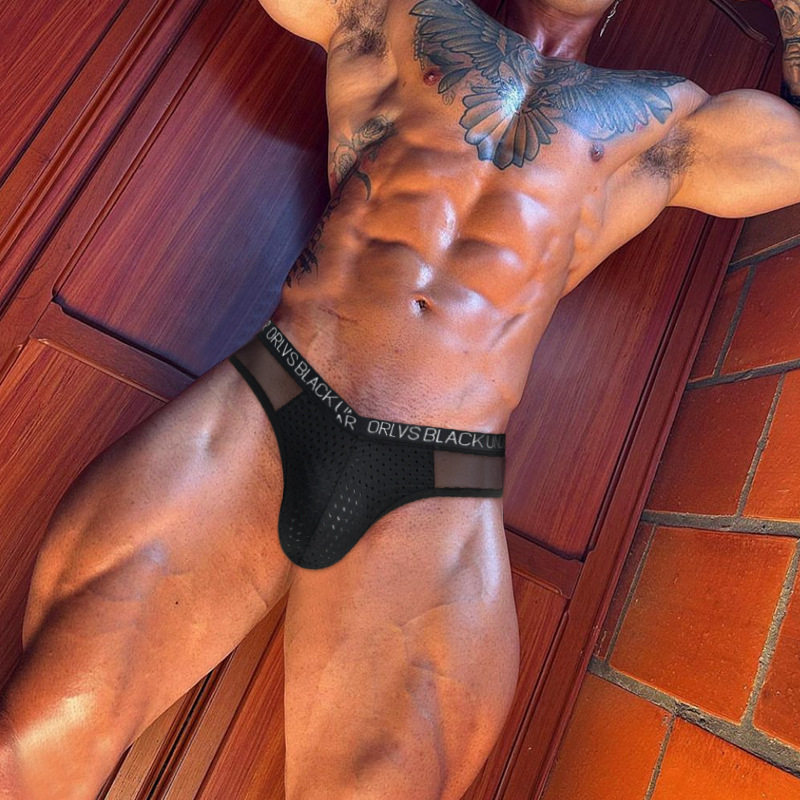 冰丝透明裆部网孔男士内裤性感高叉简约透气速干激凸运动三角裤衩