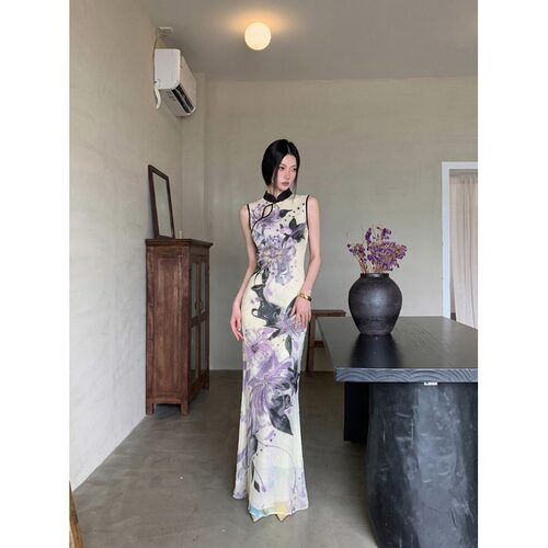 新中式旗袍连衣裙女国风前后两穿收腰鱼尾长裙