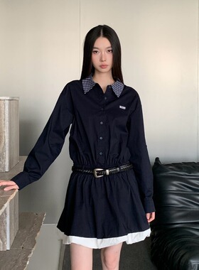 格纹翻领黑色长袖连衣裙早秋学院风收腰显瘦花苞衬衫短裙