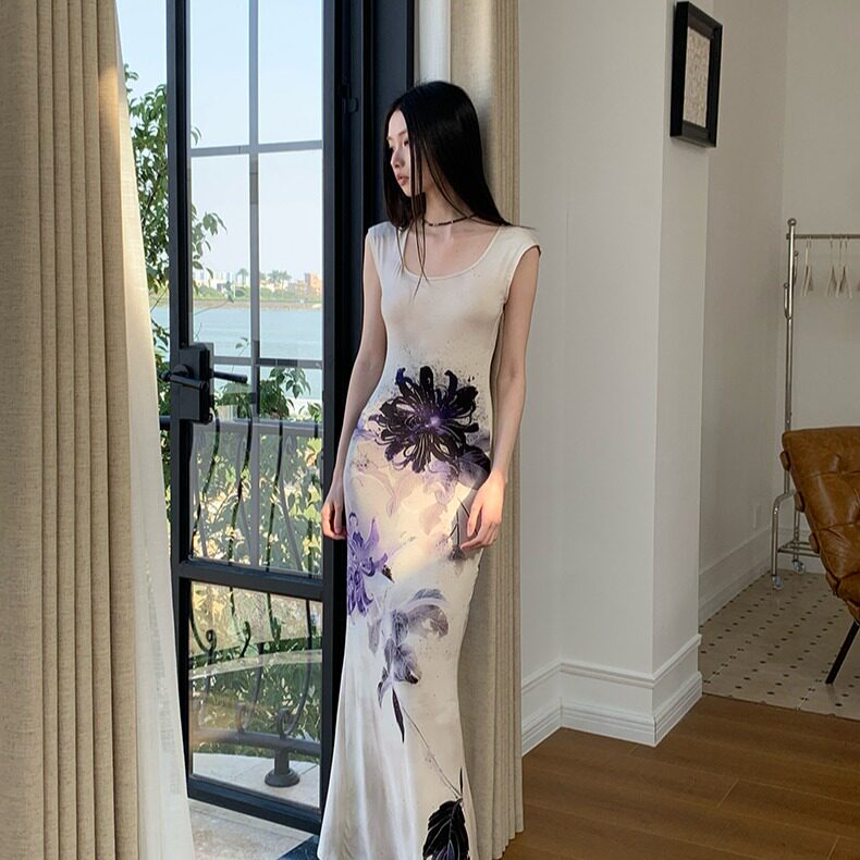 新中式连衣裙女水墨画修身旗袍鱼连衣裙