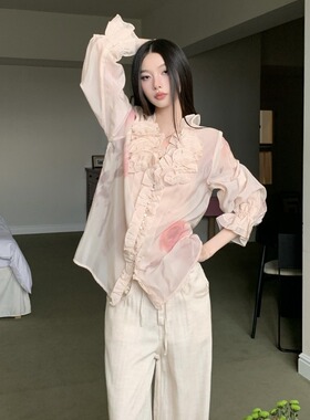 玫瑰印花荷叶领衬衫女法式小众高级感上衣