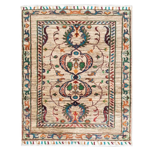 阿富汗手工羊毛打结地毯卧室床边毯双徽章式 饰彩色边框 花卉纹样装