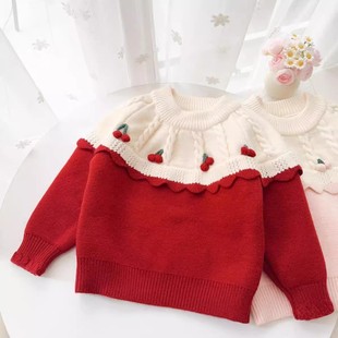 女童一体绒毛衣宝宝加绒加厚针织衫儿童冬季樱桃圆领打底毛线上衣