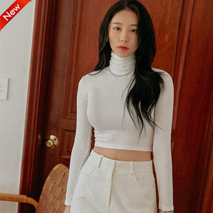 纯色超短款高领长袖T恤 性感半截露脐舞蹈演出服纯色紧身弹力上衣