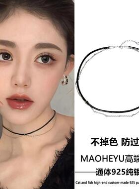 不掉色S925纯银极简风高级双层黑色皮绳链条项圈女choker颈链小众