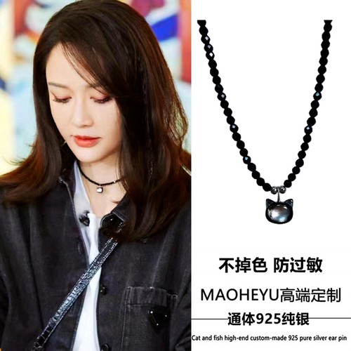 通体s925纯银猫咪黑色尖晶石项链
