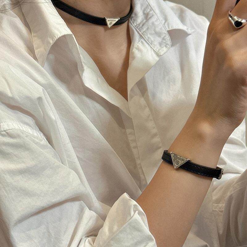 S925纯银高级三角皮绳项圈女choker颈链表带手环甜酷气质百搭小众