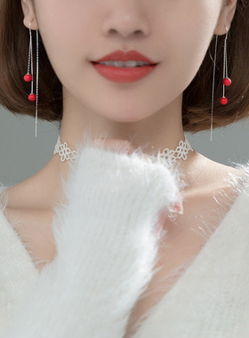 不掉色s925纯银红色豆豆耳线女复古小众设计2023年新款耳饰气质潮