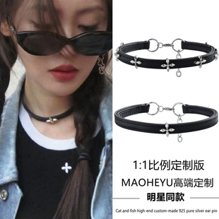 张天爱同款十字花黑色皮绳项圈女choker小众设计甜酷风颈链复古潮