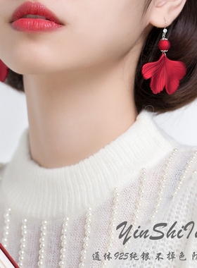 s925纯银新年红色银杏叶耳环女复古气质高级轻奢耳饰本命年喜庆潮
