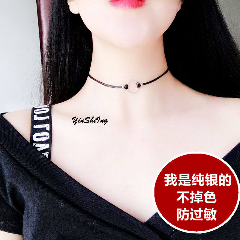 925纯银几何圆圈choker女短款锁骨链皮绳项链项圈女颈带脖链颈链