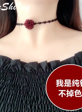 925纯银红花颈带项圈ins少女心choker女脖子饰品网红项链韩版黑色