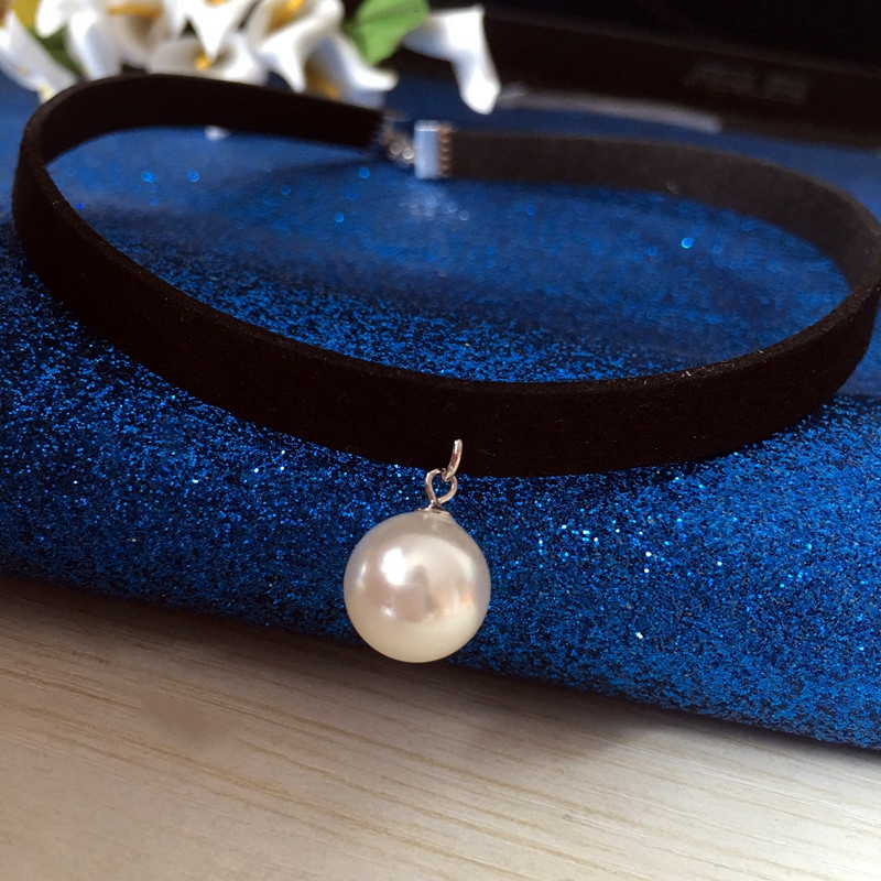 choker纯银珍珠项圈黑色脖子饰品