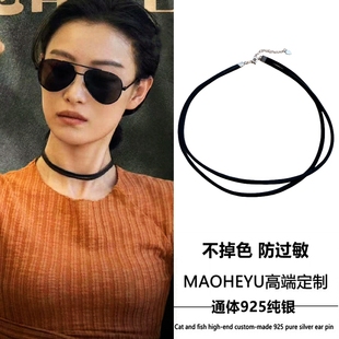 不掉色S925纯银西出玉门倪妮叶流西同款项链黑色皮绳项圈女choker