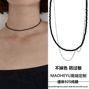 不掉色S925纯银极简风黑色尖晶石项链女锁骨链小众设计颈链choker