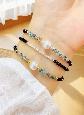 不掉色S925纯银碎银几两黑色尖晶石珍珠手链女小众设计轻奢礼物潮