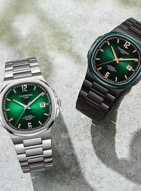 天王表蔚系列绿色大表盘方形机械手表男