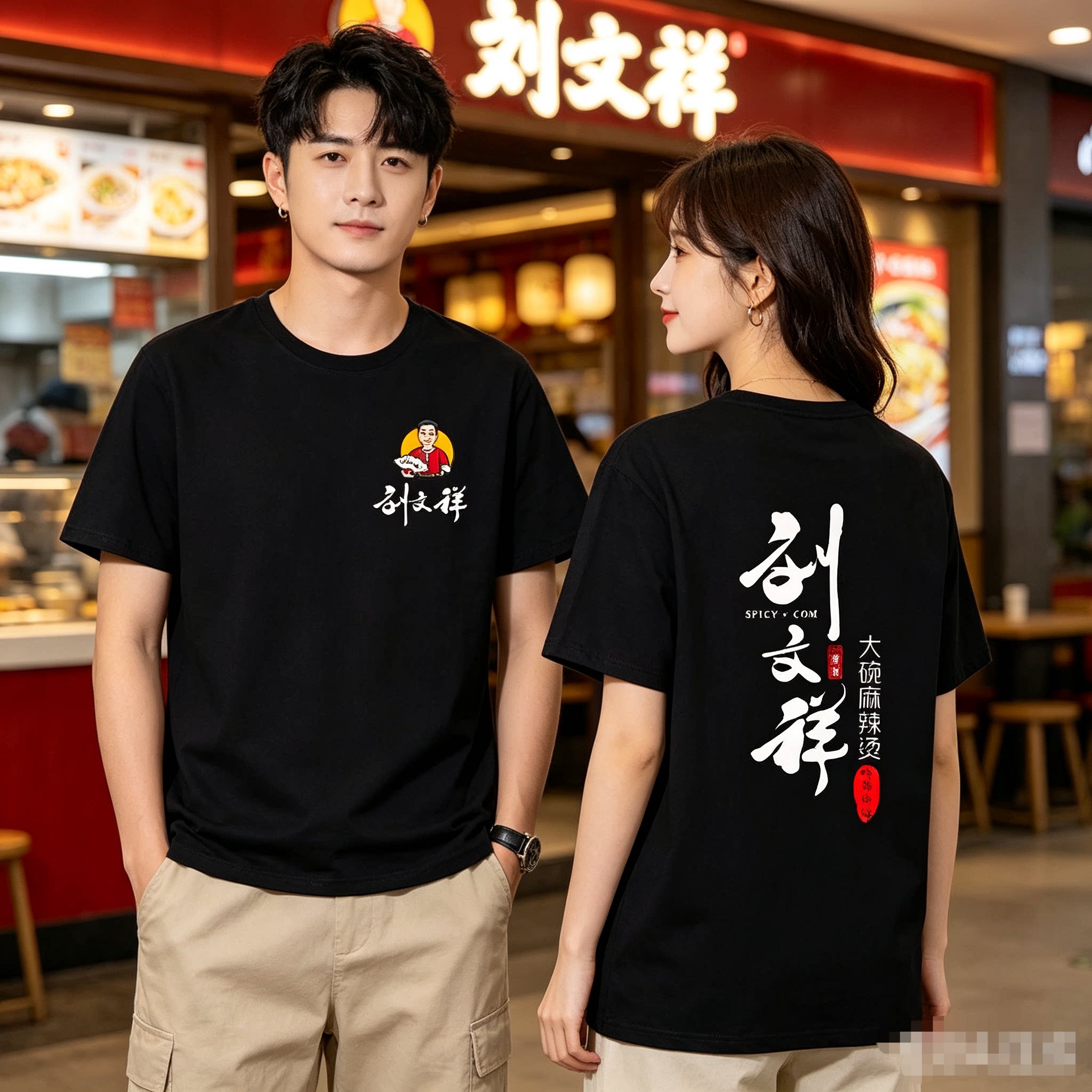 定制刘文祥麻辣烫小吃店男女纯棉短袖工作服宽松T恤定制印字logo