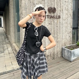 日系M家2025夏季 百搭格纹系带不规则高腰显瘦半身裙女 新品 时尚