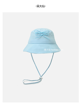 DDL~baby蓝色清新甜美渔夫帽子女韩版蝴蝶结遮阳轻薄透气防晒盆帽