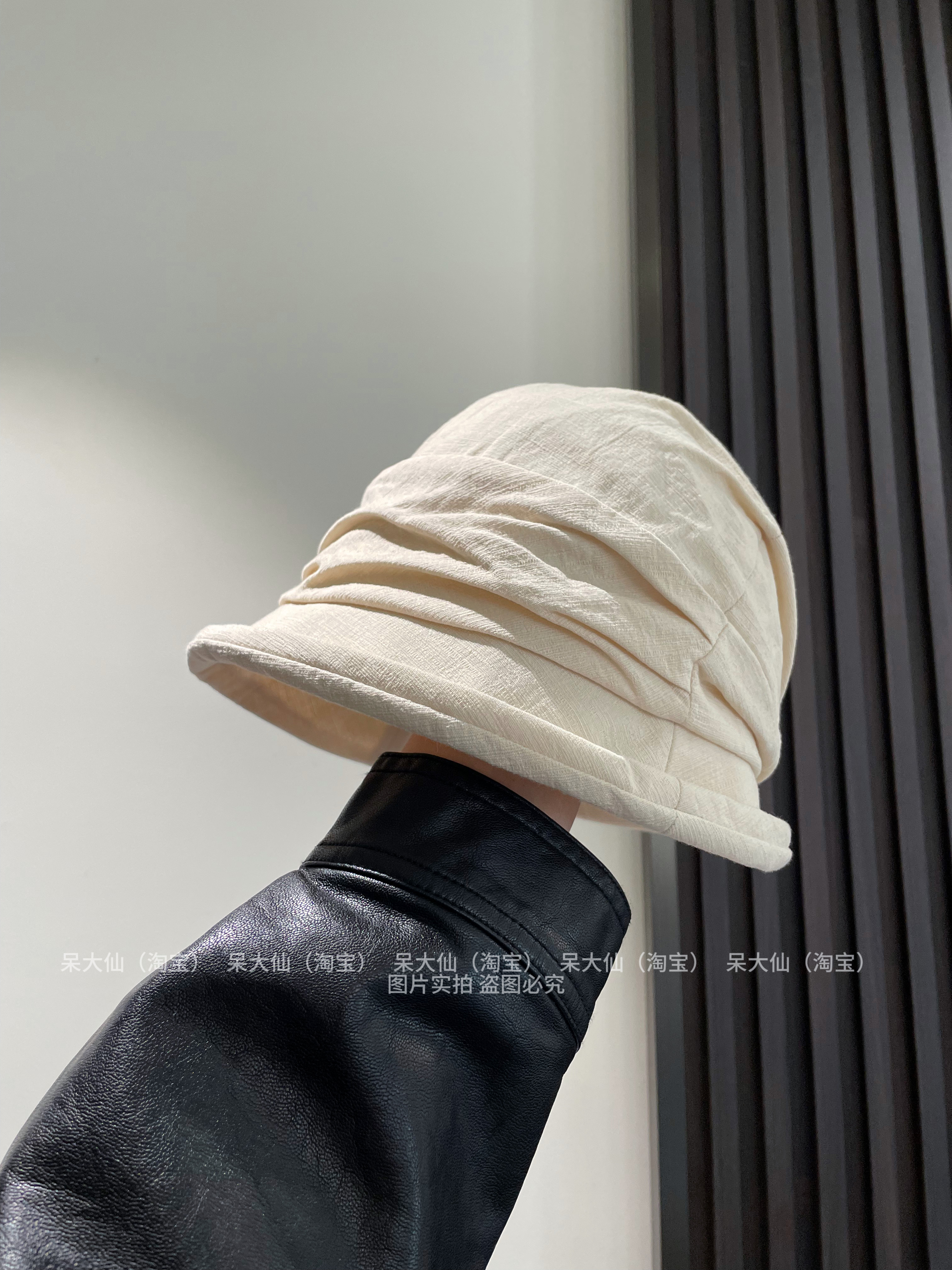 卷边褶皱遮阳渔夫帽子棉麻纯色盆帽女春夏季轻薄透气圆顶小沿时尚