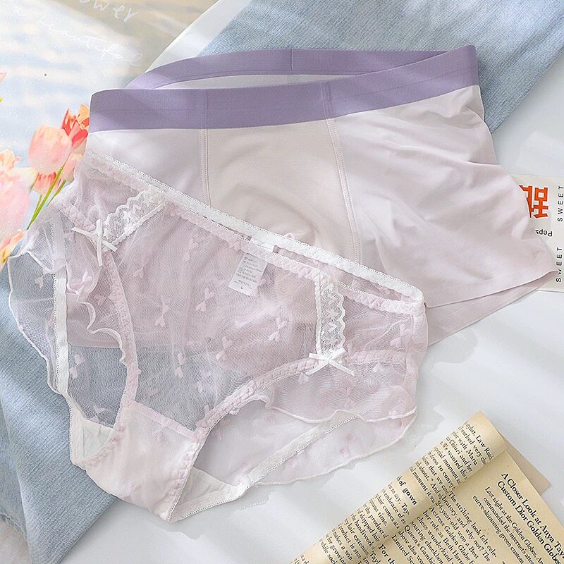 新款情侣内裤蕾丝一男一女透气薄款冰丝抑菌轻奢舒适男女内裤套装