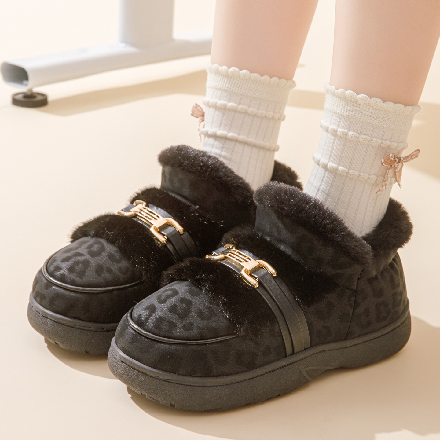 PU皮棉拖鞋女包跟厚底家用时尚豹纹拖鞋冬季毛绒保暖棉鞋外出防滑