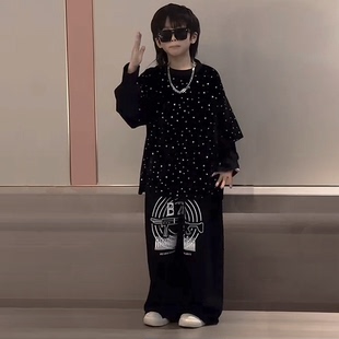 秋冬男女大童Hiphop街舞潮酷演出服满天星假两件T恤运动裤两件套
