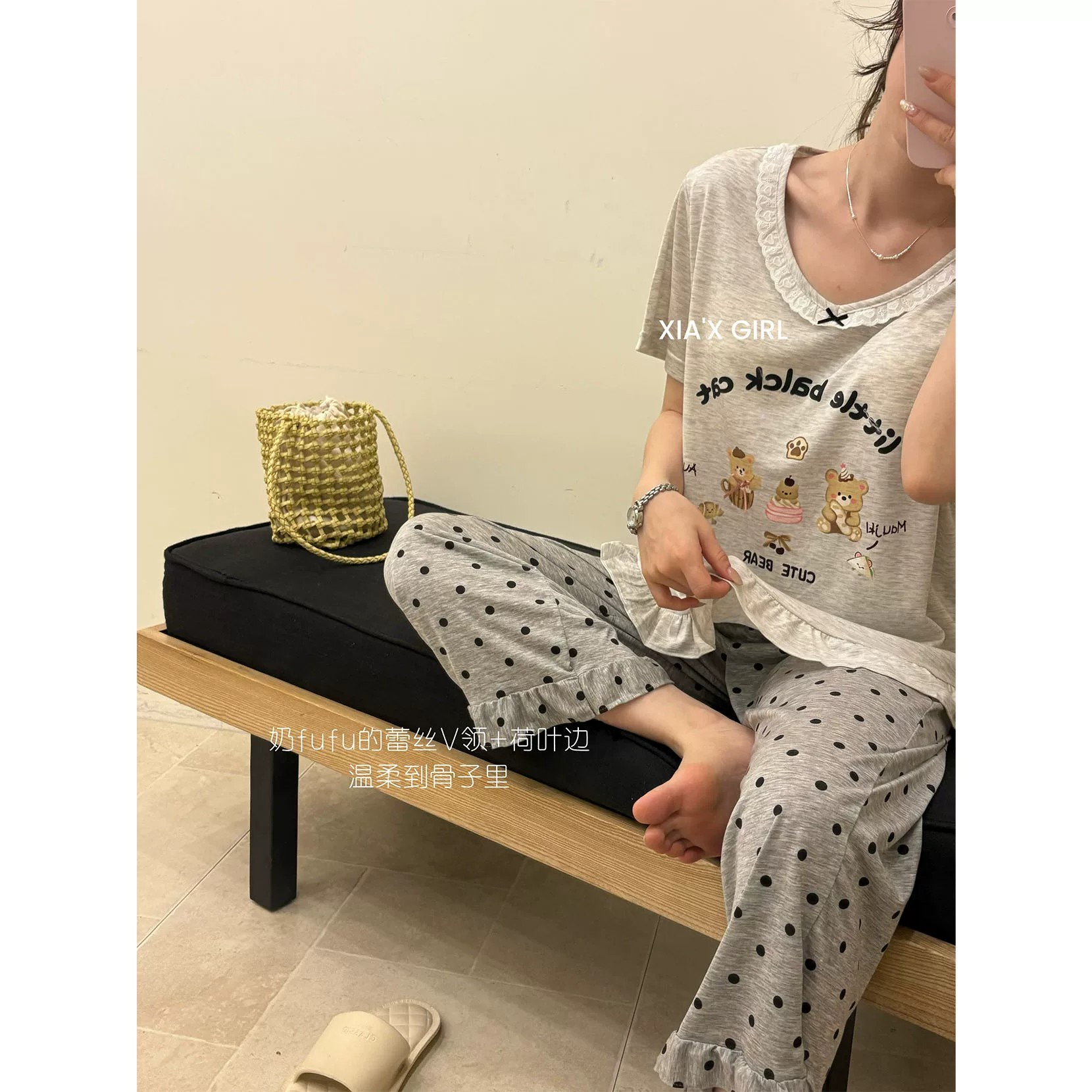 夏季薄款带胸垫防凸点小熊睡衣