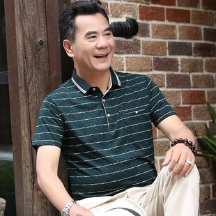 中年爸爸夏装短袖t恤老爸冰丝有带领男士纯棉上衣服中老年人爷爷