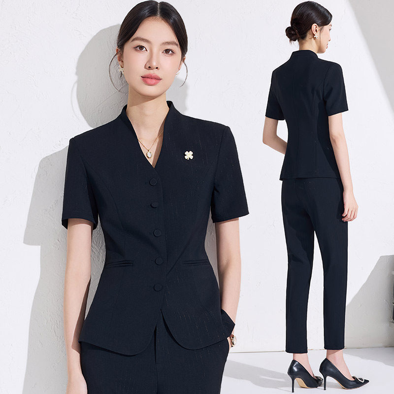 黑色短袖西装套装女夏季新款珠宝店工作服职业气质美容院西服外套