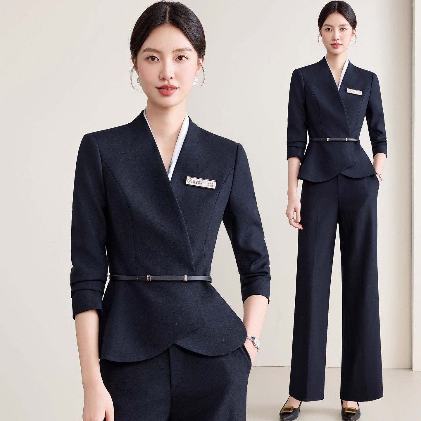 高级感藏青西装套装女阔腿裤口腔前台美容珠宝金店酒店西服工作服