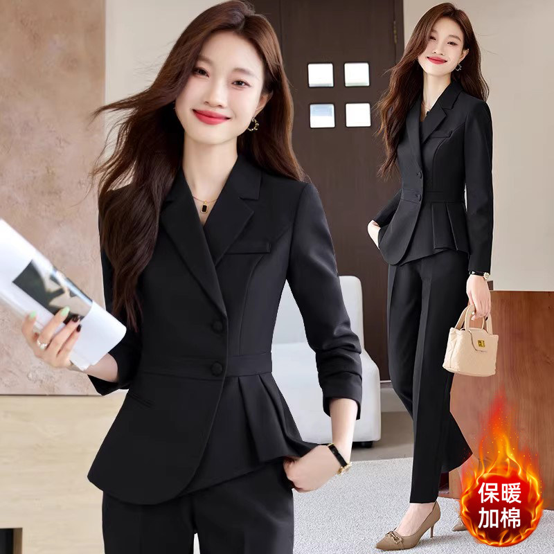 黑色西装套装女加棉秋冬职业装珠宝店工装酒店前台接待正装工作服