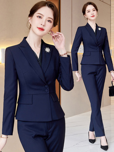 职业套装女时尚气质女神范秋冬蓝色西装高端珠宝店前台经理工作服