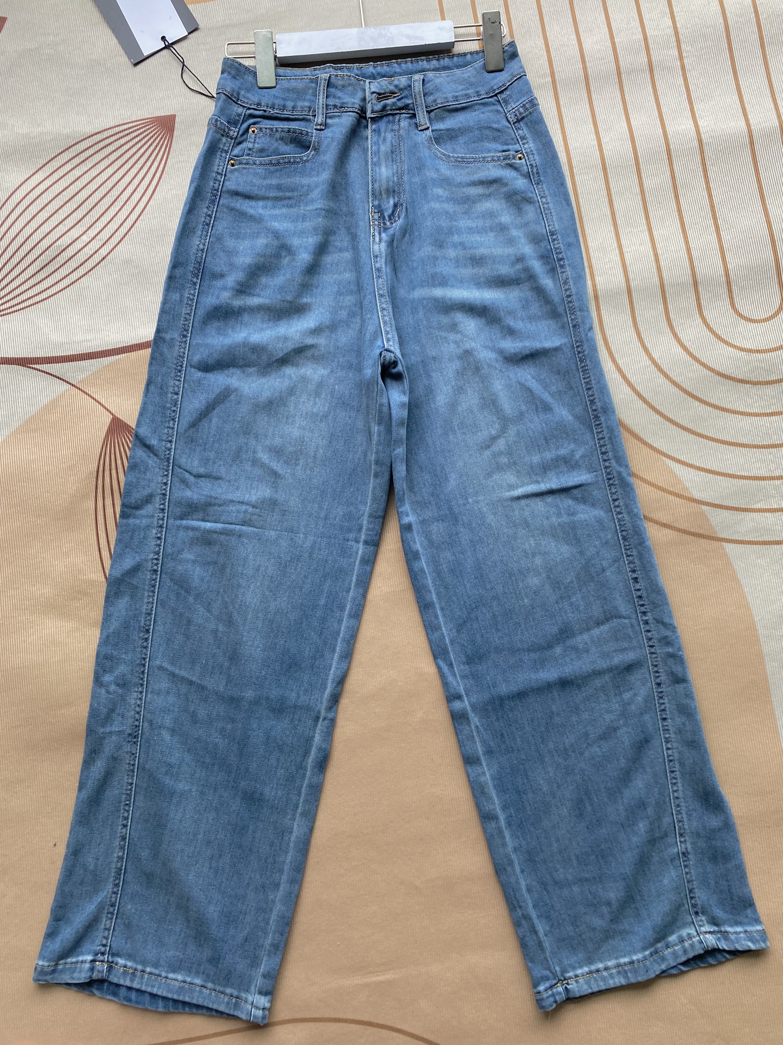 怀旧蓝色水洗高腰宽松显瘦窄版阔腿裤直筒裤女牛仔裤