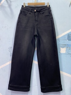 高弹力高腰黑色阔腿牛仔裤女2025冬季加绒加厚宽松阔腿直筒奶奶裤