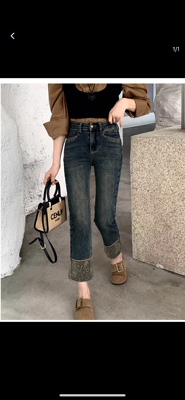 弹力九分牛仔裤女2026春秋季新款复古翻边印花小个子直筒烟管裤女