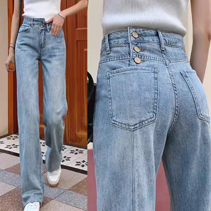 春夏新款排扣设计感拖地裤破洞牛仔裤女直筒阔腿裤,女装/女士精品,牛仔裤,淘宝优惠券,粉丝福利购,淘宝优惠卷
