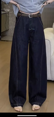 丹宁蓝色弯刀阔腿牛仔裤女2026秋季无弹高腰宽松显瘦直筒裤阔腿裤