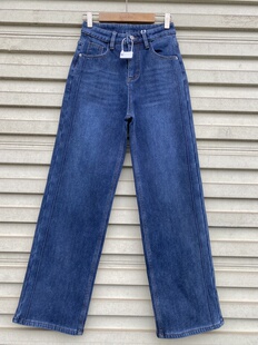 弹力加绒深蓝窄版阔腿牛仔裤女冬款高腰加厚直筒裤