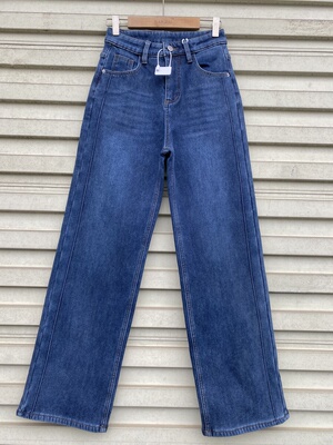 弹力加绒深蓝窄版阔腿牛仔裤女冬款高腰加厚直筒裤