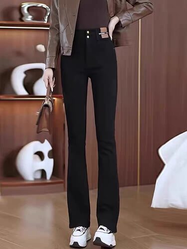 春秋高腰九分黑色牛仔裤女新款修身弹性显瘦喇叭裤子