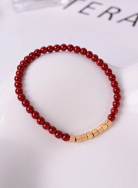 钛钢手链 镀18K金红色小方糖手链女本命年轻奢小众精致新年手串